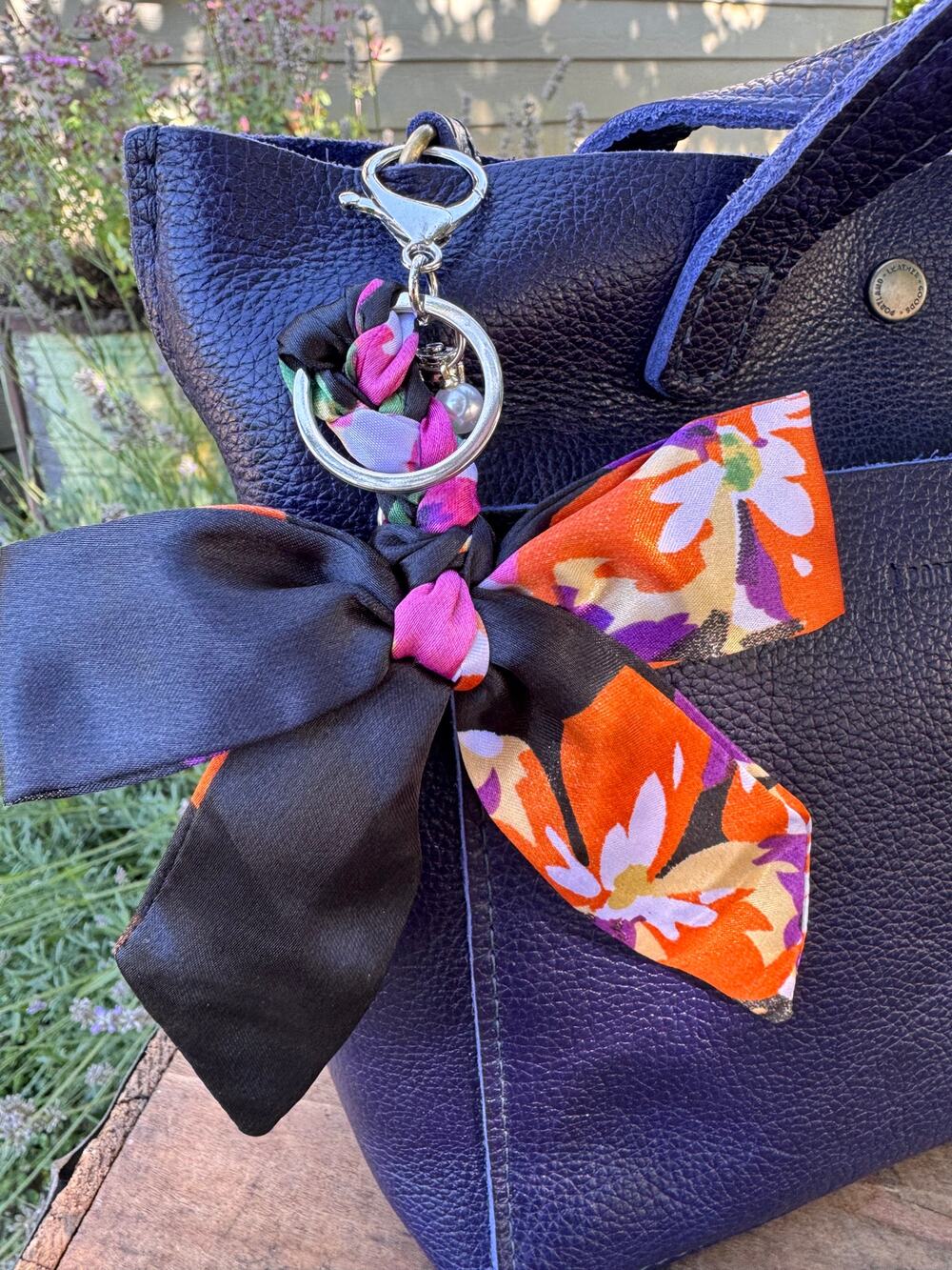Fabric Satin Orange Pink Black Floral Print Bow Bag Charm Floral Purse Charm